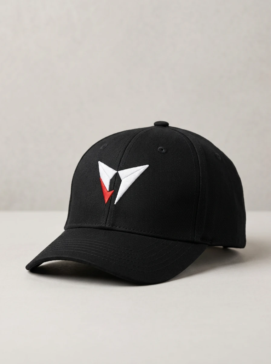 Casquette noire Viny Beltramelli avec logo rouge et blanc, vue trois quarts sur fond clair